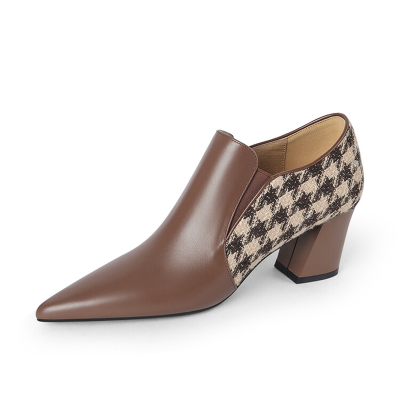 Spring NEW Women's Pumps Genuine Leather High Heels Pointed Toe Chunky Heel for Women Lattice Cotton Fabric New Handmade Shoes d493