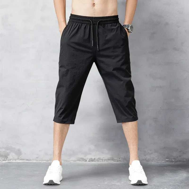 Mens Shorts Summer Breeches 2024 Thin Nylon 3/4 Length Trousers Male Bermuda Board Quick Drying Beach Black Mens Long Shorts Y240914