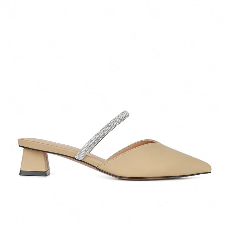 2024 New Baotou High Heels Pointed Toe Ladies Thick Heel Muller Shoes Fashion Rhie Slip-on Fairy Style Sexy Women Pumps 0044