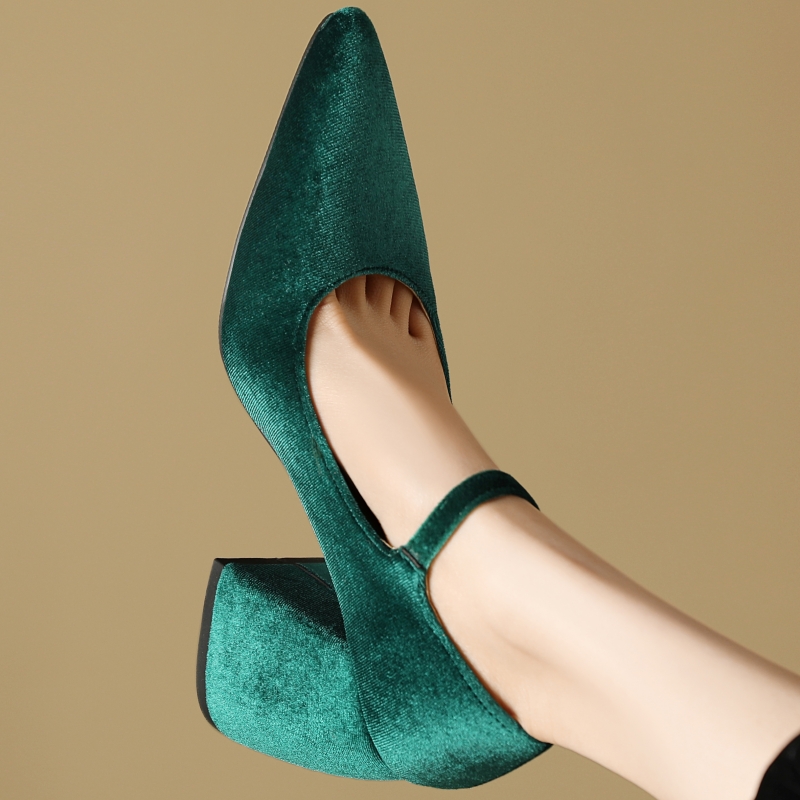Square Designer High Heels Mary Janes Veet Black Green Heeled Dress Pumps Women Large Size Office Party Wedding Shoes 7834