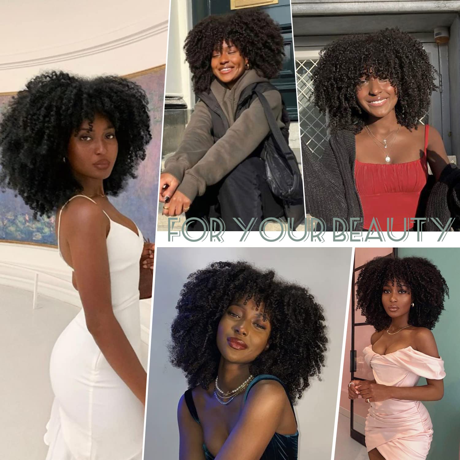Afro Kinky Curly Wigs for Black Women Short Curly Wig with Bangs Curly Bob 14 Inch Natural Looking human Natural Black Full Wig