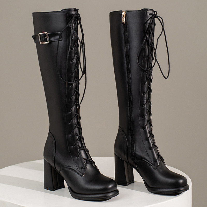 Knee Pink High Women New 2022 Autumn Winter Female Block Heels Red Black Lace-up Riding Boots Shoes Large Size ed90