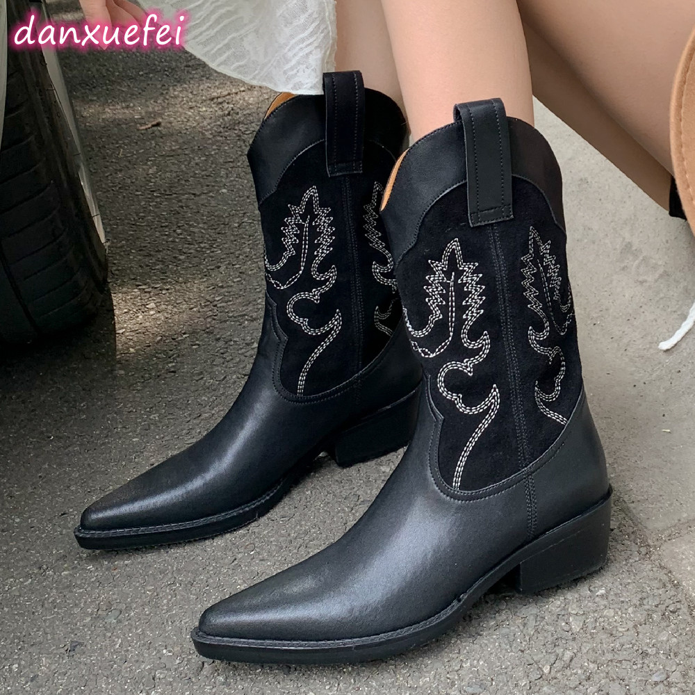 women's danxuefei genuine leather patchwork embroidery retro western mid-calf pointed toe 4.5cm thick med heel half boots af9b