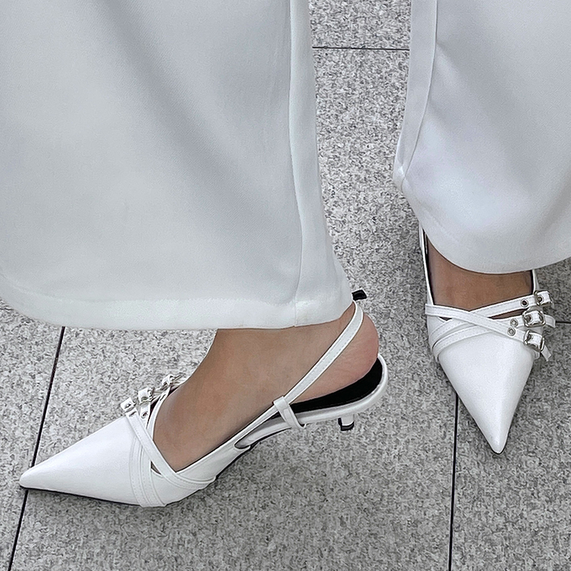 New Metal Fashion Buckle Footwear Black Women Medium 4CM Heels New 2024 Female Shallow Pumps Ladies Heeled Casual Shoes ea92