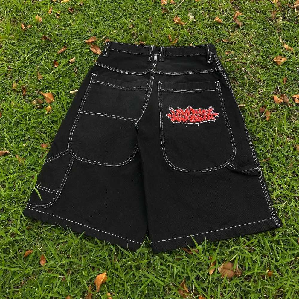 y2k letter printed black denim shorts hip-hop fashion retro trendy loose trousers Harajuku style skateboard street sportswearX240914