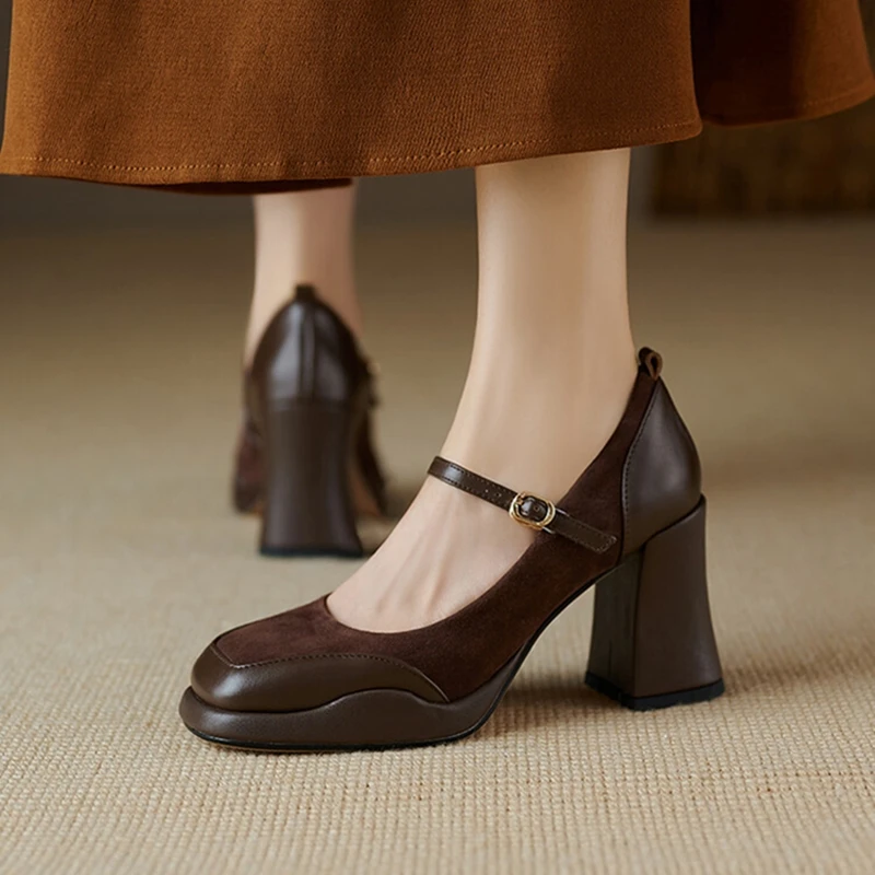 2025 new Women's Spring Pumps Sheep Suede Leather for Women Round Toe Chunky Super High Heel Mary Janes Platform Shoes 0811 Platm