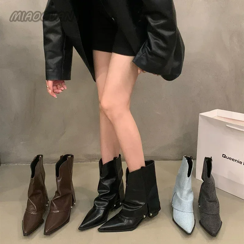 Heel Women Square Ankle Boots Western Cowgirl Botas Fashion Pointed Toe Shoes Autumn Winter Ladies Elegant Short Booties Mujer bbc5