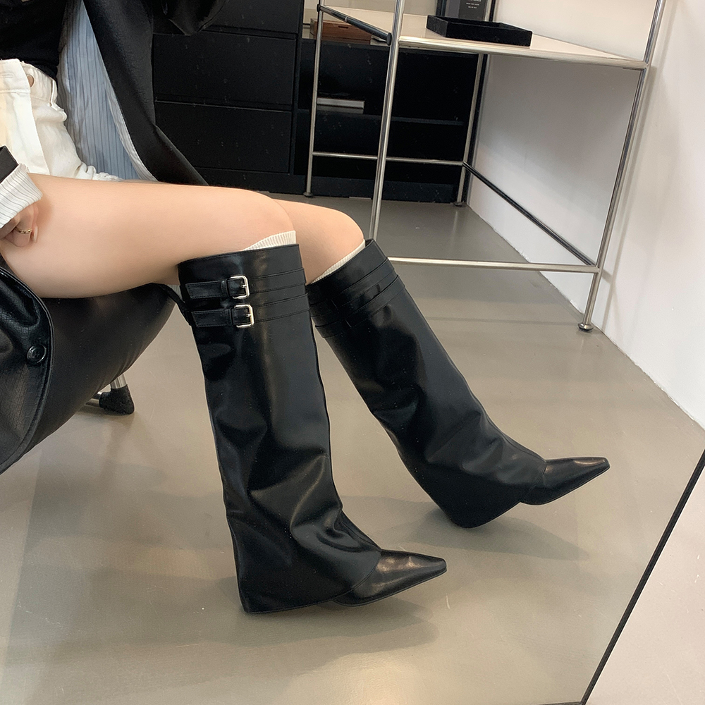 Pointed Toe Women Winter Boots Wedge High Heels Belt Buckle Black Brown PU Leather Chelsea Botas Fashion Dress Shoes Woman 39