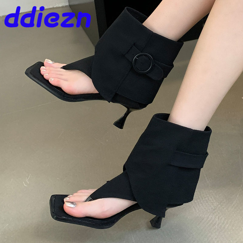 Fashion Denim Modern Women Ankle Flip ps Female Slip On Ladies Short Boots Footwear With 6CM Heels Shoes