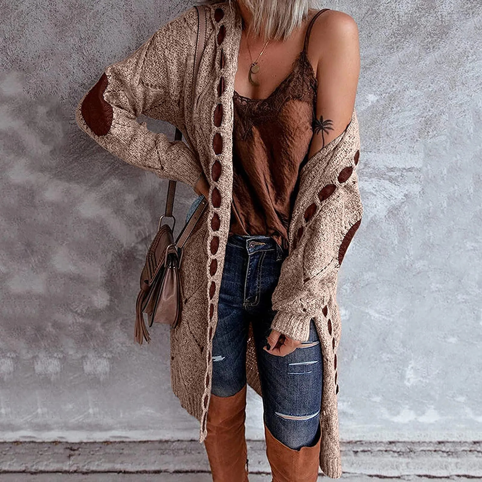 Vintage Women Oversized Hooded Long Cardigan Knitted Sweater Jumper Sweaters Plaid Casual Brown Coat Jersey Mujer Jacket 240904