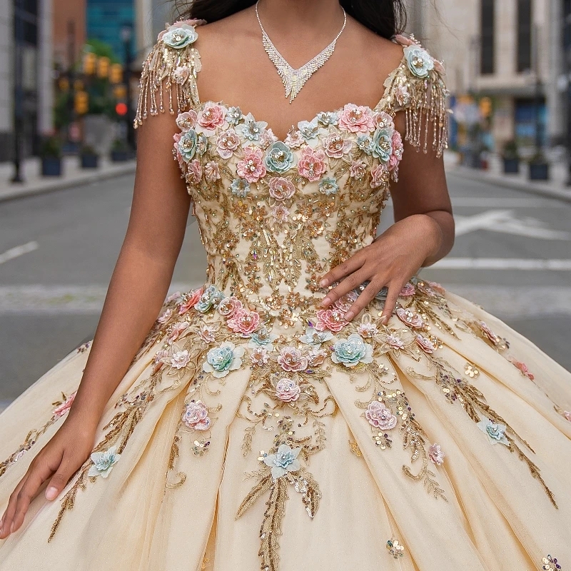Champagne Shiny Princess Ball Gown Quinceanera Dresses Off The Shoulder Sequined Applique Lace Beads Bow Tull Sweet 16 Dress Vestido De 15 Anos