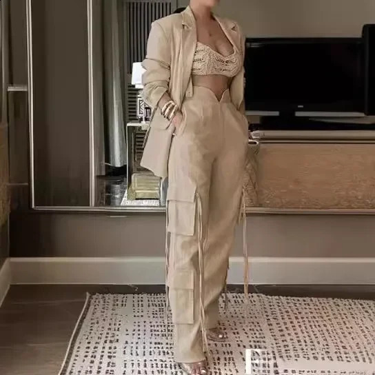 Two piece womens commuting set solid long sleeved lapel top wide leg pants with multiple pockets 240913