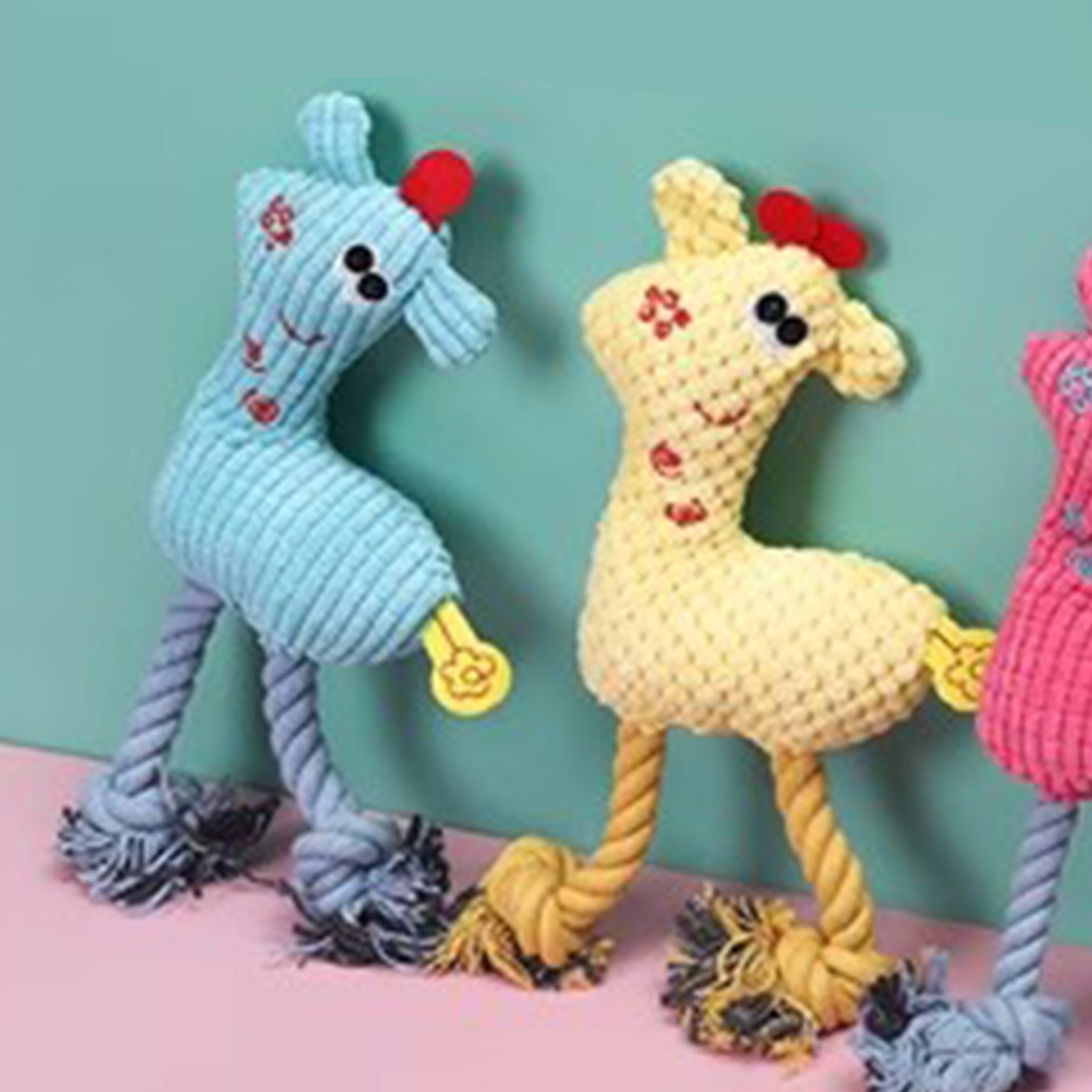 Dog Plush Toy Puppy Chewing Woven Rope Flannel Giraffe Shape Safe Cute For Pet Teeth Cleaning Pink