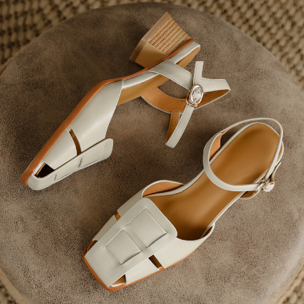 Women's Cow Leather Summer Sandals, Braided Square Toe Pumps with Thick Med Heels, Ankle Strap, 2024 Collection, Free Shipping