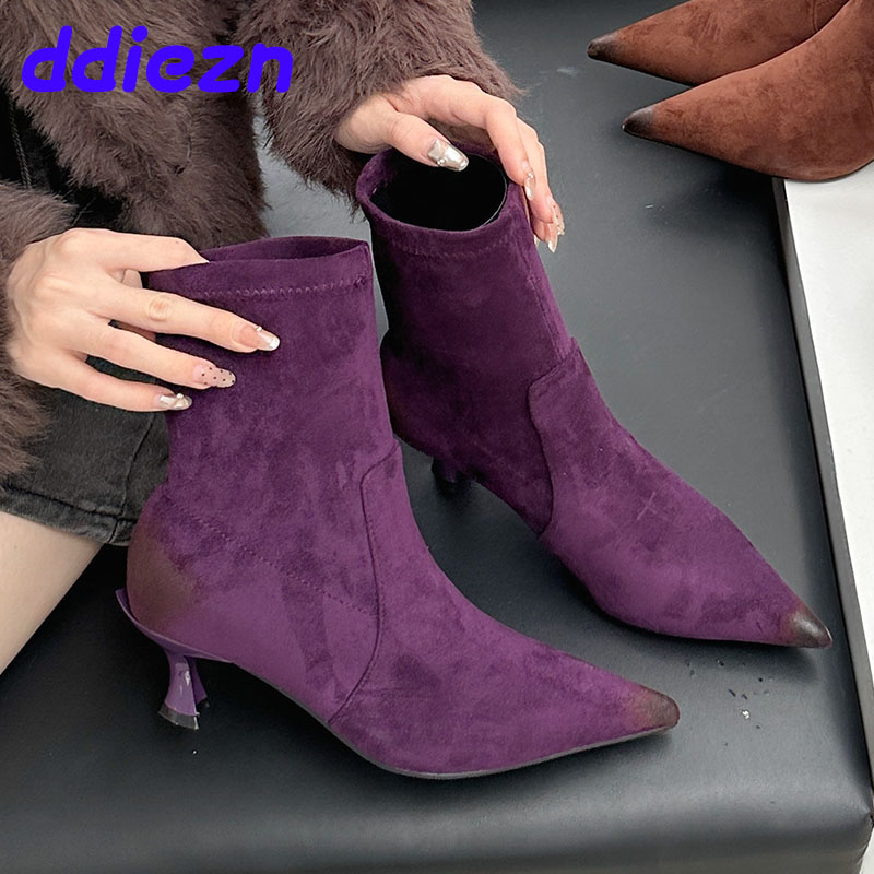 Purple Fashion Pointed Toe Ladies Ankle Stretch Slip On Female Designer Footwear Elastic Women Short Boots Shoes