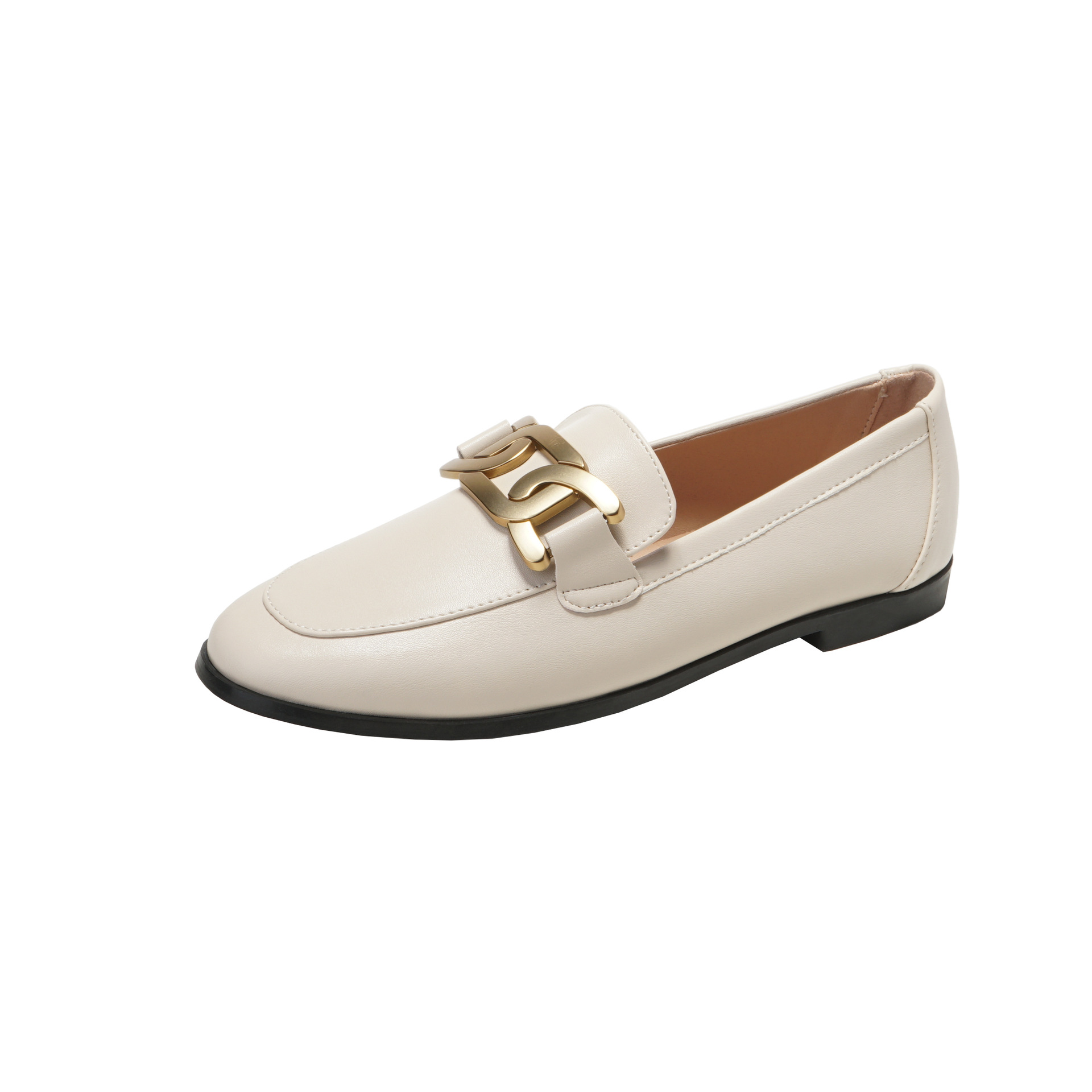 2022 Metal Chain oxfords woman flats moccasins round toe loafers autumn/winter plush small leather shoes women plus size 34-43