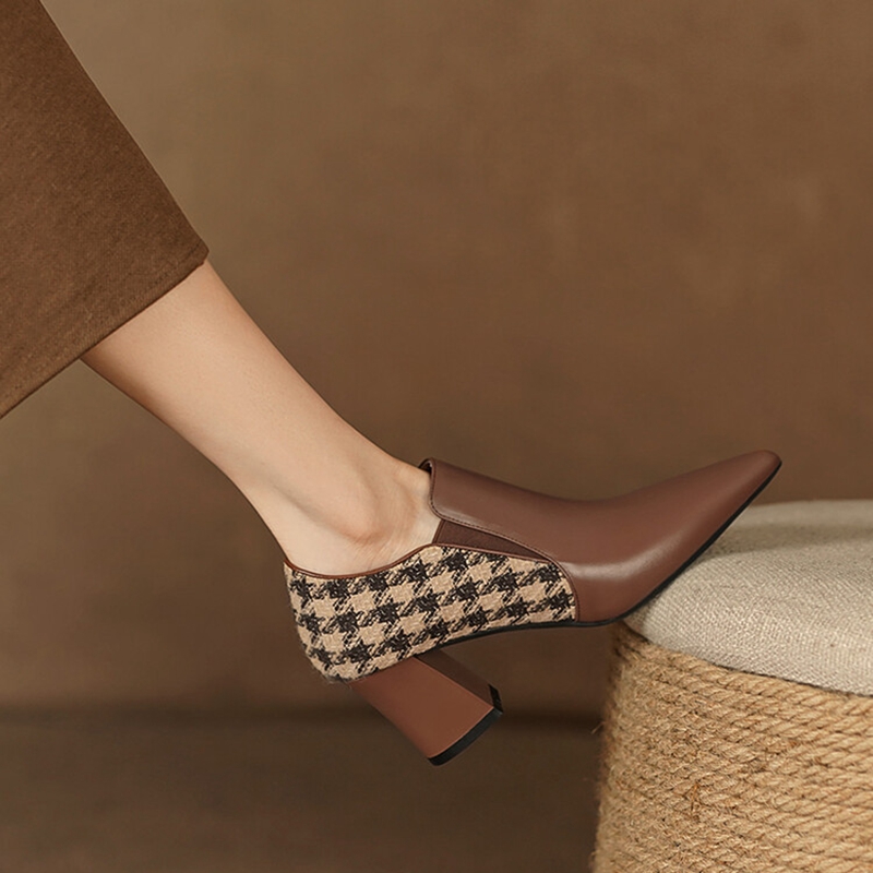 Spring NEW Women's Pumps Genuine Leather High Heels Pointed Toe Chunky Heel for Women Lattice Cotton Fabric New Handmade Shoes d493