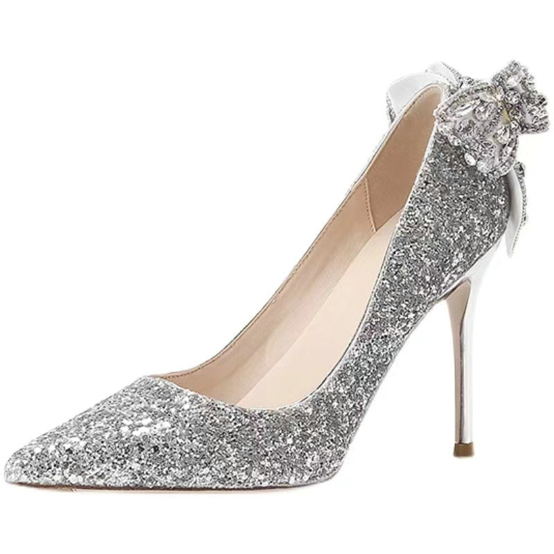 2025 new Pointy New Bow Sequin Crystal High Heels For Women Banqueting Princess Style Sier Bridal Wedding Shoes 5dea