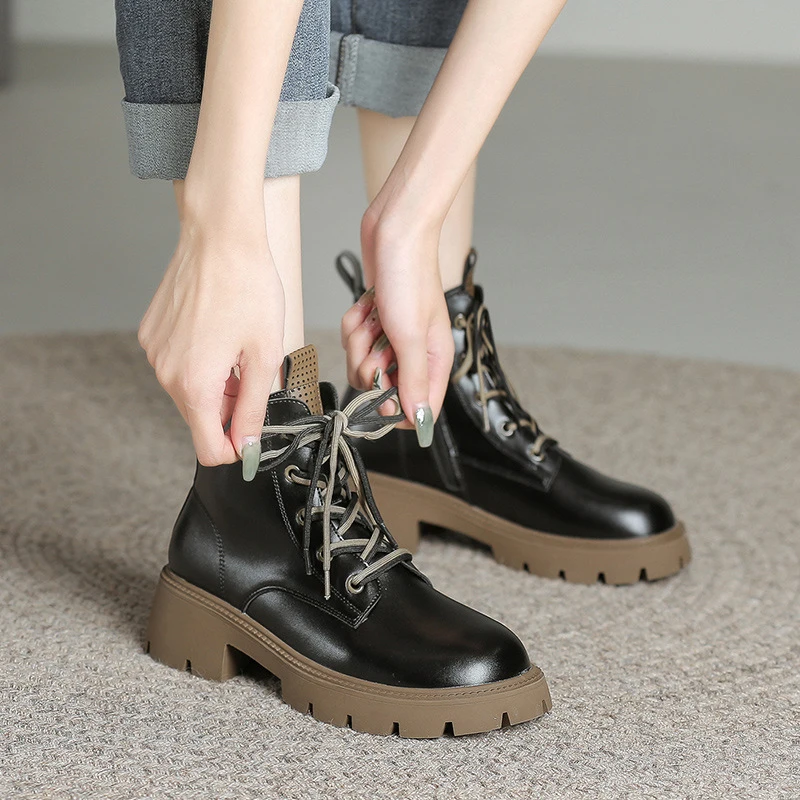 JOZHAMTA Size 34-40 Women Ankle Flatform Real Leather Thick Heels Shoes Woman Lace-Up Winter Ins Fashion Platform Boots