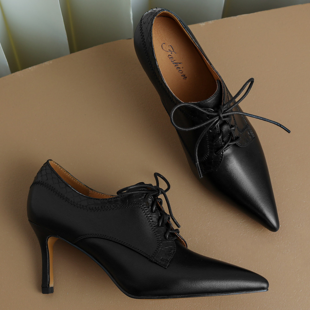 genuine Women's leather thin high heel pointed toe lace-up elegant ladies slim autumn OL style heeled dress pumps shoes ca62 ed