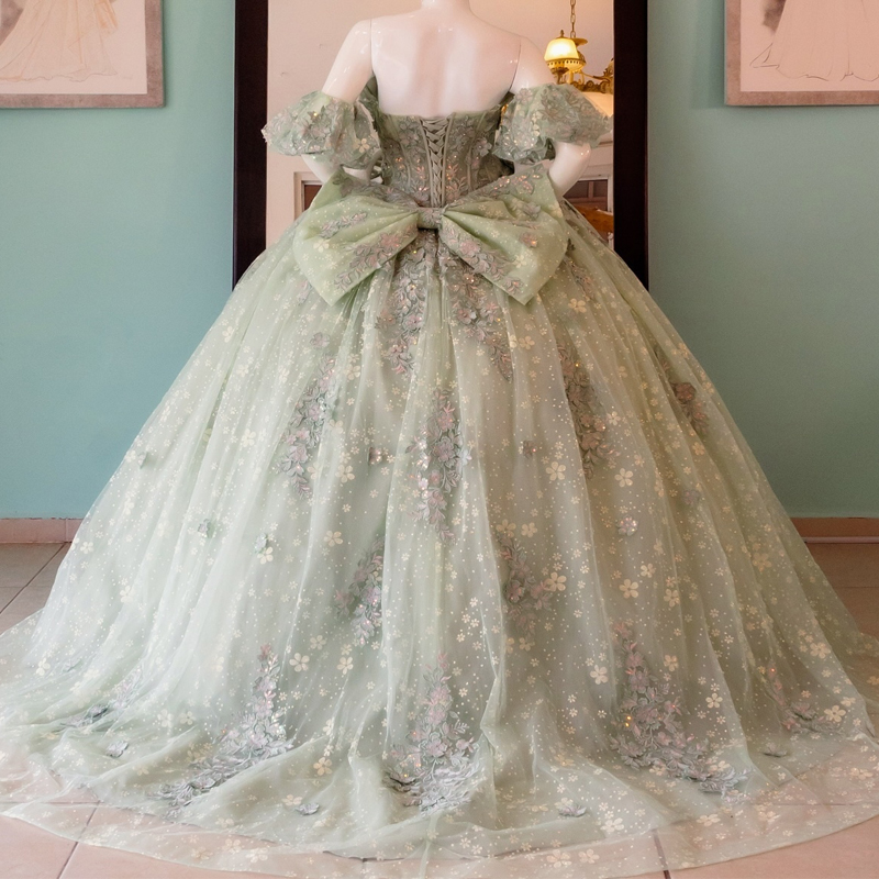 Sage Green Shiny Quinceanera Dress Ball Gown Lace Applique Bow Tull Corset Party Birthday Sweet 16 Dress Vestidos De 15 Anos