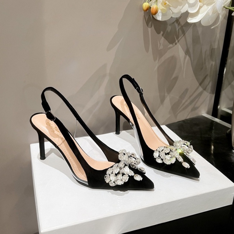 Summer New Hollow Women's Sandals Thin Heels Korean Version Of Bow Satin Pointy Pumps