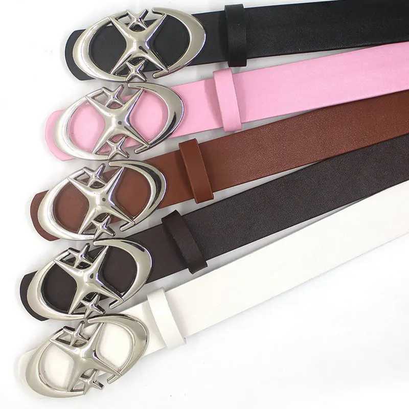 Fashion Spicy Girl Pink PU Leather Belt Metal Punk Cross Buckle Moon Star Buckle Belt Waistband Women Y2K Versatile DecorationX240914