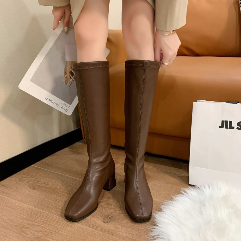 Women's Boots Soft Pu Leather High-heeled Knee Ins Tide 2024 Autumn Spring Winter Warm Snow New British Style Thick-heeled Shoes
