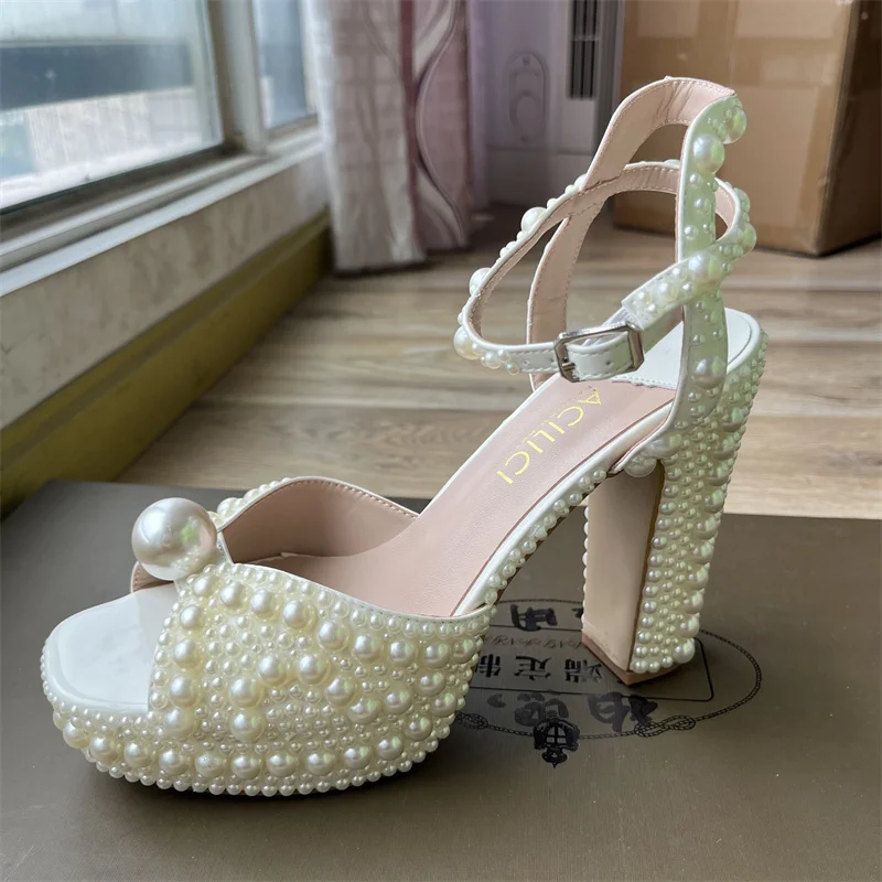 Fully Handmade Pearl Thick Heeled Fish Mouth Sandals Wedding Bride Banquet Fashion Waterproof Platform High Heel Women's Shoes