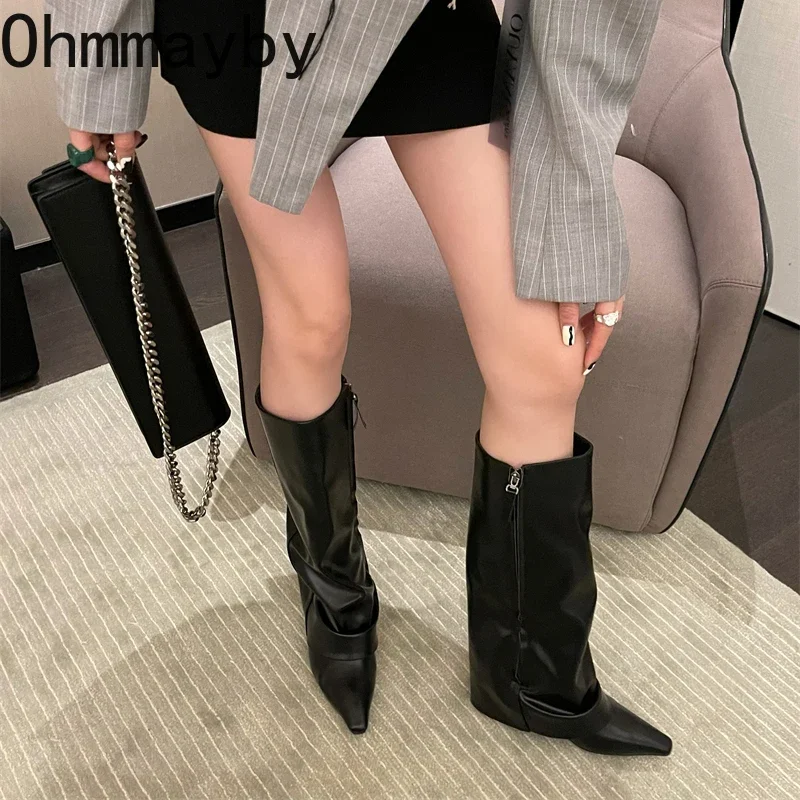 Designer Women Trouser Legs High Boots Fashion Side Zippers Long Boots Thick High Heels Autumn Winter Ladies Shoes
