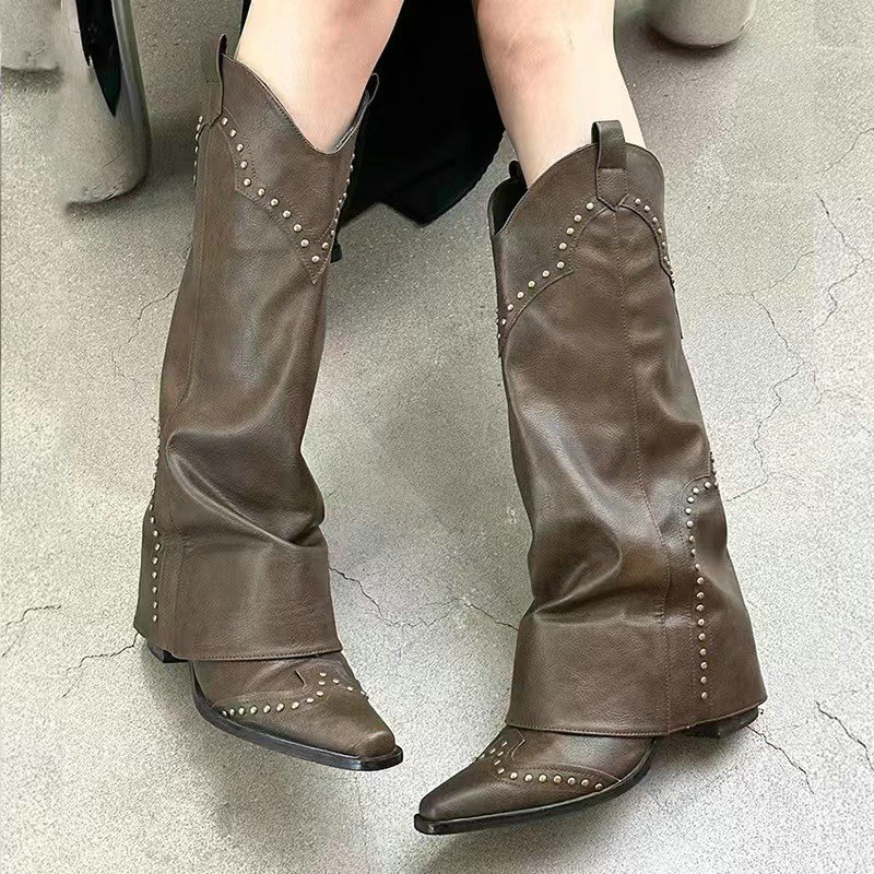 Pointy Retro Western Cowhide Leather Women's New Brown Riveted Pant Boots All Match Chunky Heel Thigh-high Tide Boot 09e7