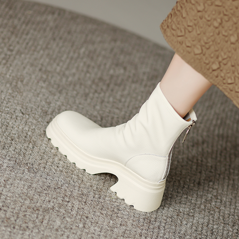 2024 Winter Leather Ankle Round Toe chunk Heel Platform Shoes Solid Casual Women Boots f8ca