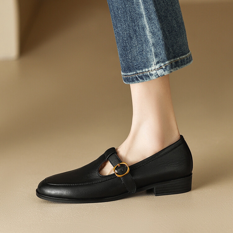 NEW Spring Women Pumps Genuine Leather Shoes for Women Round Toe Chunky Heel Shoes Retro Low Heel Mary Janes Retro Brown Shoes