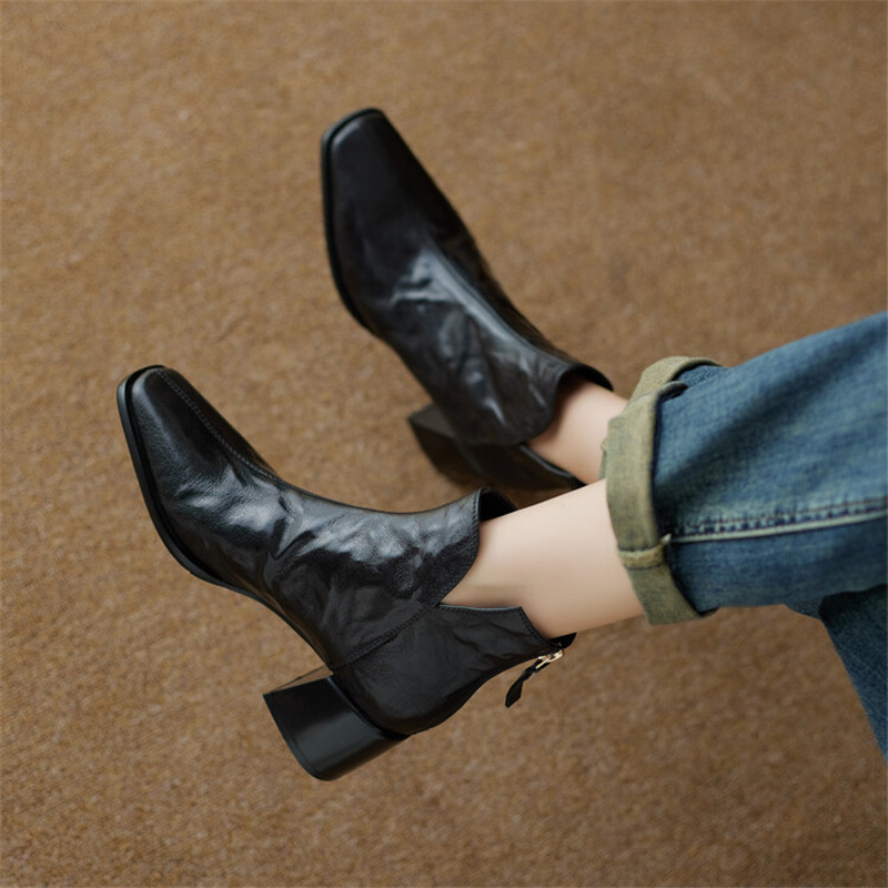 NEW Autumn Winter Genuine Leather Boot Fashion Short Boots Square Toe Chunky Shoes for Women High Heels Botas De Mujer