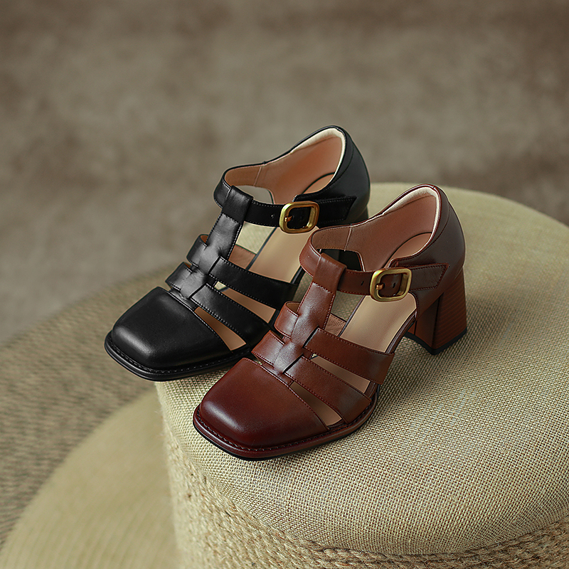 Vintage Closed Toe Thick Sole Sandals Women Breathable Summer Cut-out Shoes Female New Fashion Woman Gladiator High heels