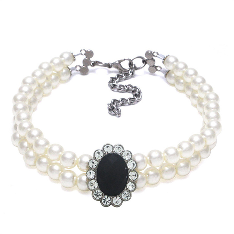 Pearl Pet Collar Necklace Double Row Imitation Gemstone Cat Collars Adjustable Rhinestone Accessory for Small Medium Dogs & Cats