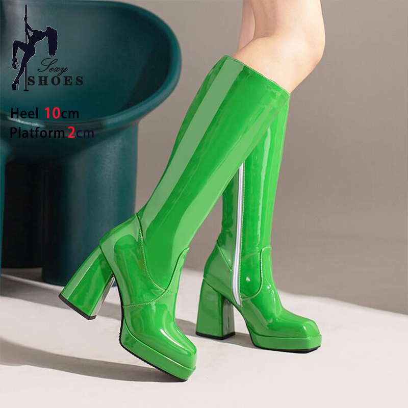 Ladies High Boots Waterproof Platform 10CM Square Head Shoes 2024 Winter Knee-High Chunky Heels Booties For Women Plus Size 43