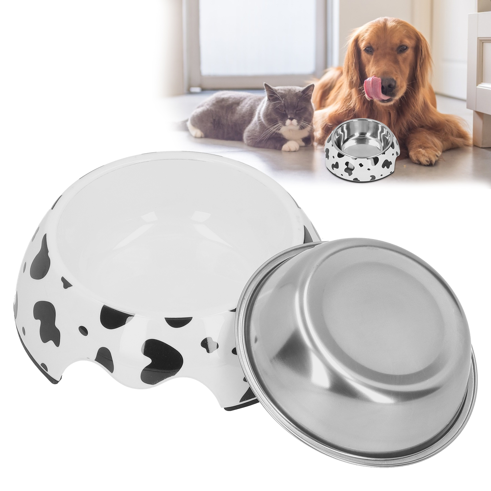 Dog Food And Water Bowl Anti‑Slip Base Stainless Steel Pet Bowl With Cute Cow TextureM Cow Texture