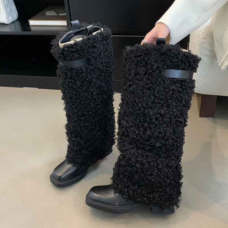 New Fashion Fur Women Modern Knee High Boots Female Warm Designer Furry Footwear Ladies Long Booties With Heels Shoes