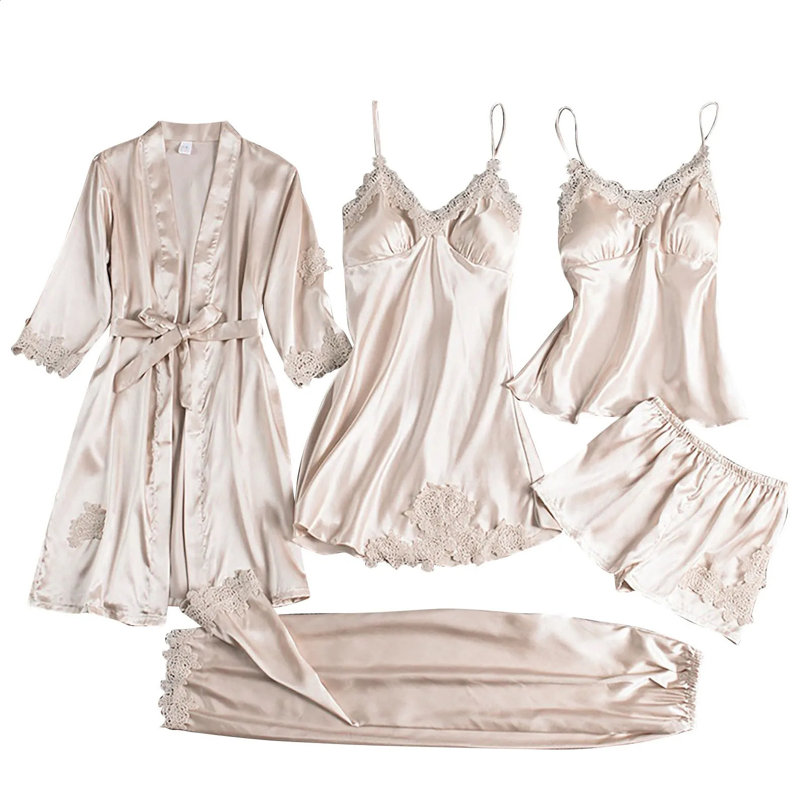 Ladies Satin Pajamas Set 5 Piece Pajamas Womens Night Gown Silk Lingerie Womens Nightgowns for Sleeping Sleep Wear for Woman 240913