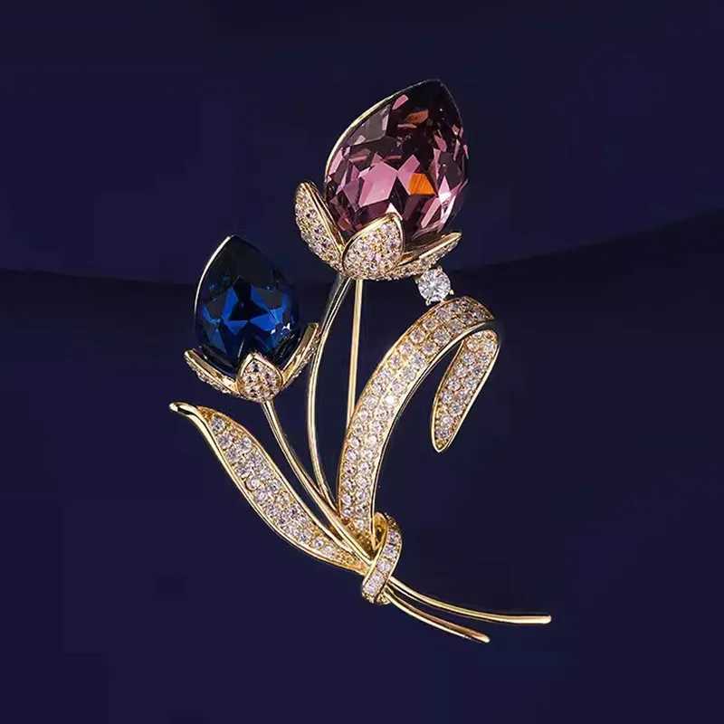 Ladies Novelty Retro Twin Flower Brooch High-grade Womens Exquisite Crystal Flower Corsage Anti-slip Pin Suit AccessoriesX240914