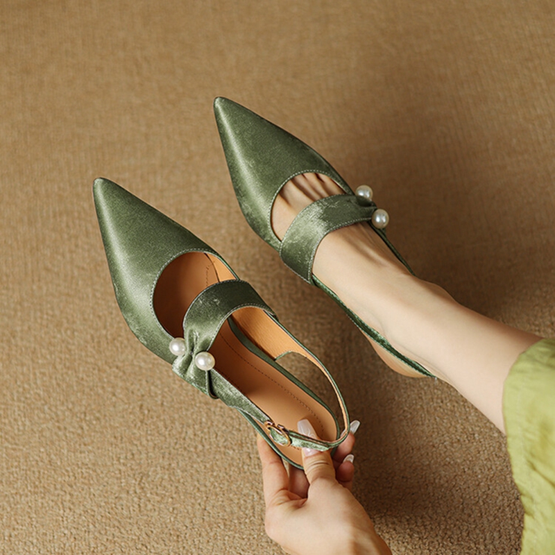 Summer NEW Split Leather for Pointed Thin Heel Cover Toe Sgback Shoes Women New Pearl Sandals 0d70