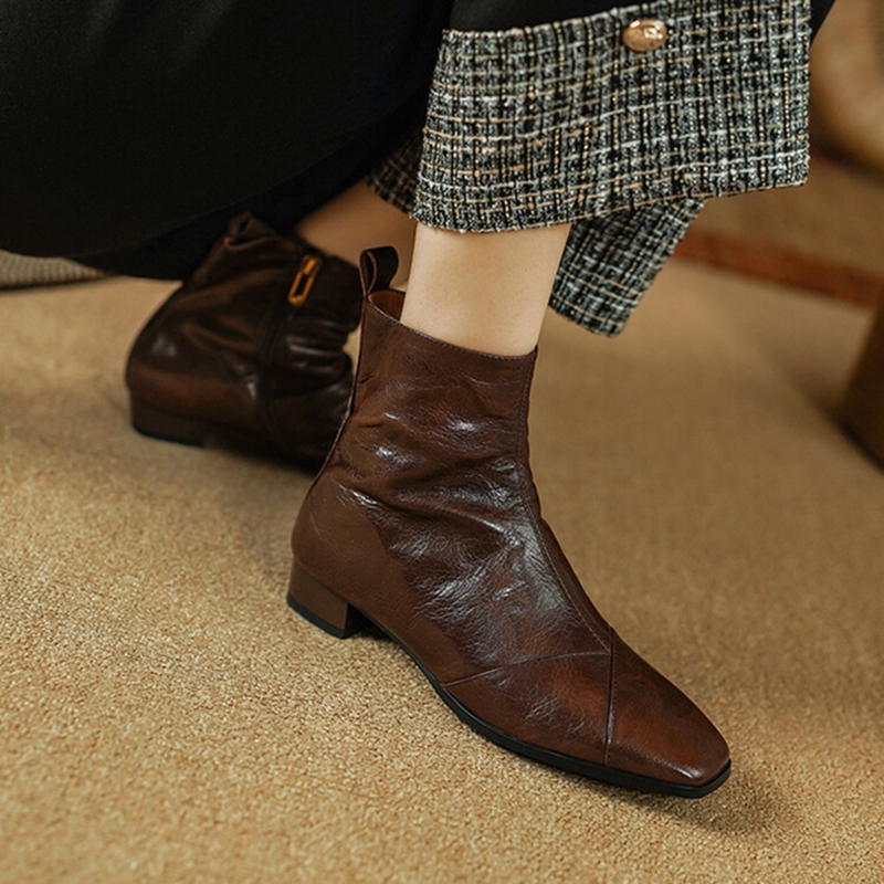 Winter NEW Genuine Leather for Women Square Toe Low Heel Shoes Warm Wool Modern Black Zipper Ankle Boots 6053