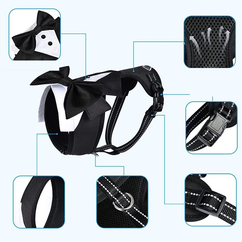 Tuxedo Dog Harness with Leash Set,Dog Vest Harness,Soft Breathable Mesh Pet Harness with Bow Tie, Small Medium Dogs Cats Harness