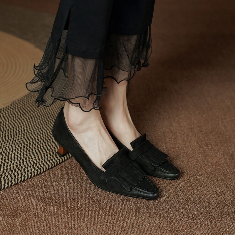 Spring 2023 Square Toe Thin Heel Pumps Genuine Leather for Women Casual Retro Tassels Handemade Shoes ae76