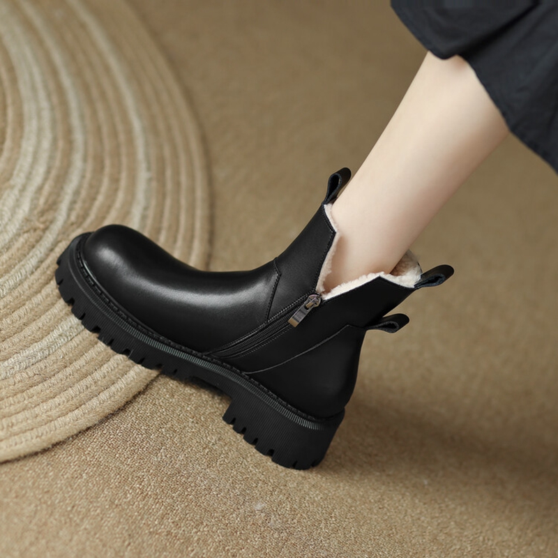 Round Winter Toe Chunky for Split leather Shoes Women Thick Heel Casual Wool Warm Snow Boots 8e5c