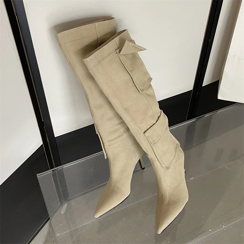 Eilyken Sexy Winter Thin High Heels Women Knee-High Boots Design Style Lattice Pointed Toe Banquet Party Female Shoes