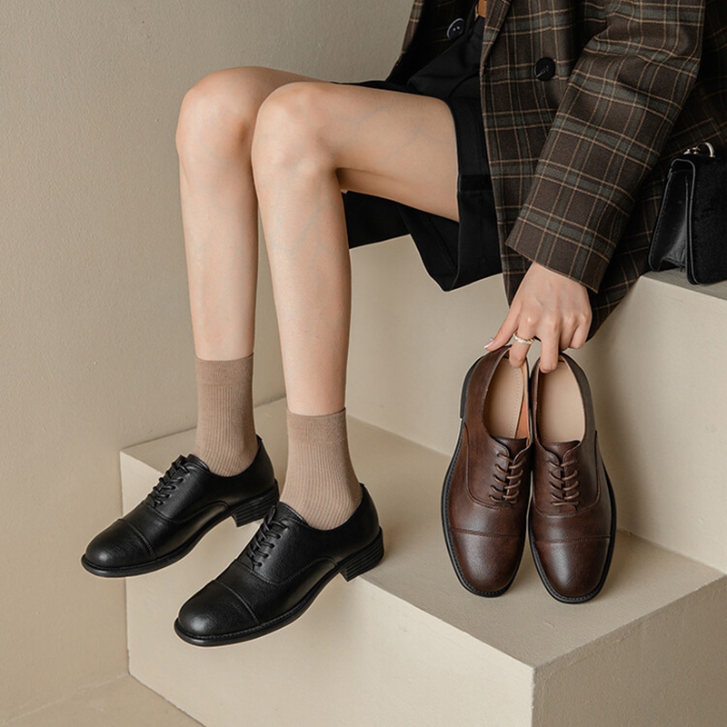 Spring 2023 PumpS Genuine Leather Round Toe Square for Casual Lace-up Low Heel Women Oxford Shoes 810f Oxd