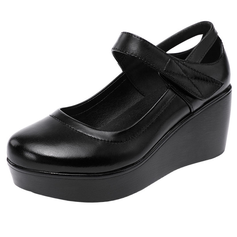 high quality leather shoe for women 6cm wedge high heel platform round toe 32 33 42 43 elegant and fashion shoe