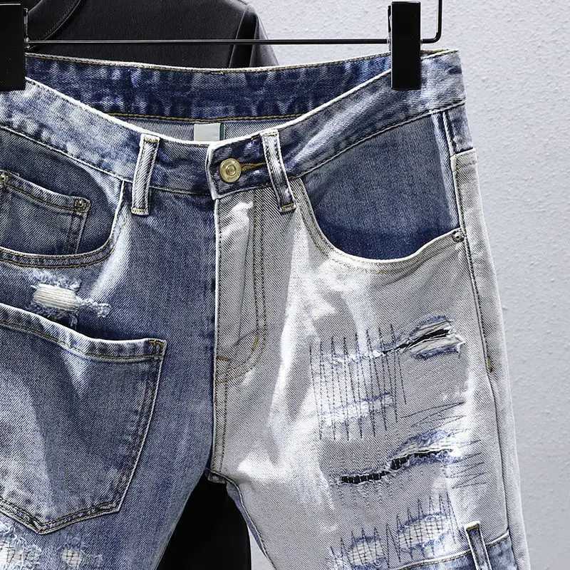Luxury Mens Slim Fit Distressed Patches Classic Cowboy Pants with Multiple Pockets and Stretch Patchwork Washed Jeans ShortsX240914